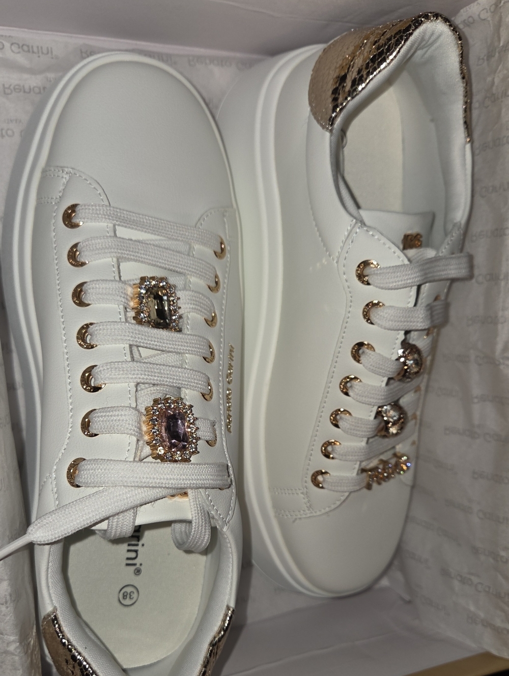 Renato Garini Platform Sneakers with Gold Accents and Crystal Embellishments